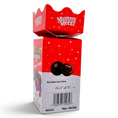 Świąteczny cracker Guiltfree Mummy Meegz z wegańskimi czekoladowymi truflami w czerwonym opakowaniu prezentowym