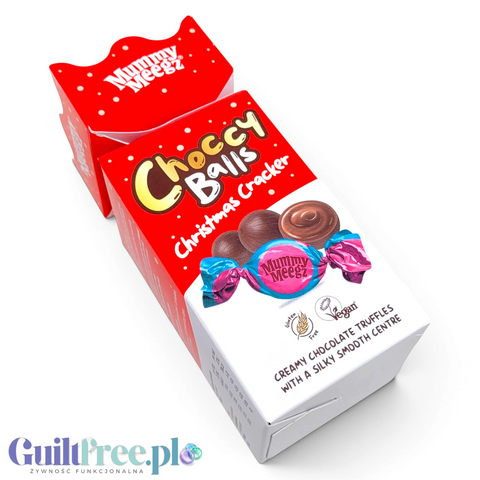 Guiltfree Mummy Meegz Choccy Balls Christmas Cracker z wegańskimi truflami czekoladowymi w czerwonym opakowaniu.