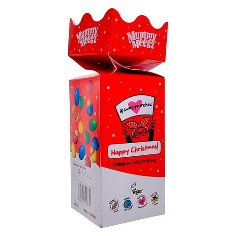 Guiltfree Mummy Meegz M’z Gems Christmas Cracker w czerwonym opakowaniu z wegańskimi drażetkami czekoladowymi