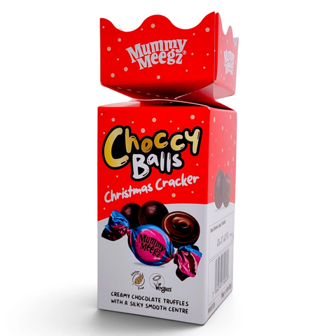 Guiltfree Mummy Meegz Choccy Balls Christmas Cracker z wegańskimi czekoladowymi truflami w czerwono-białym opakowaniu