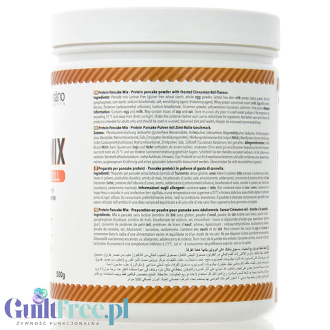 Opakowanie Guiltfree Nano Supps Protein Pancake Mix o smaku cynamonowym, widok etykiety z tyłu z opisem składników.