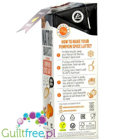 Guiltfree napój owsiany MixIt Nature Barista Pumpkin Spice w kartonie z instrukcją przygotowania latte