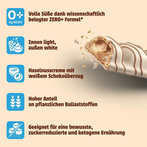 Guiltfree NEOH Crispy Cream White: przekrój wafelka z kremowym nadzieniem orzechowym w białej polewie i ikony zalet