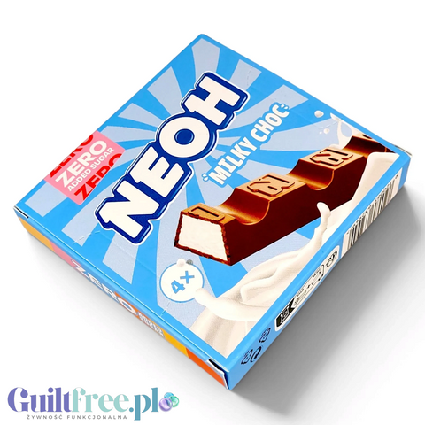 Opakowanie Guiltfree NEOH Milky Choc z czterema batonikami z mlecznej czekolady z kremowym nadzieniem bez cukru