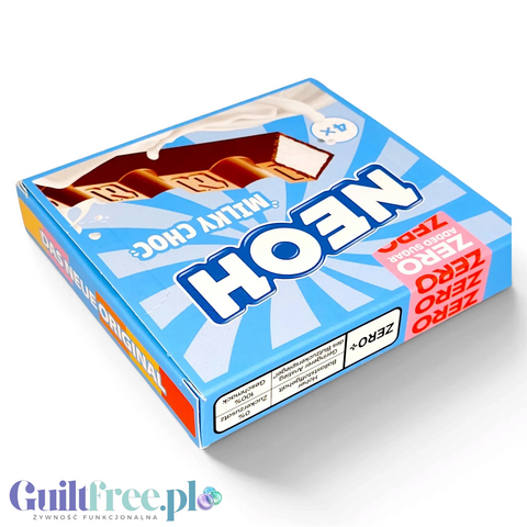 Opakowanie Guiltfree NEOH Milky Choc z czterema batonikami mlecznymi bez cukru w niebieskim pudełku