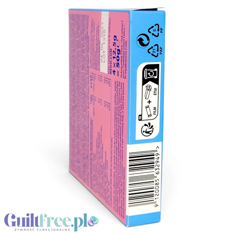 Opakowanie Guiltfree NEOH Milky Choc z czterema batonikami bez cukru, widok z boku na różowo-niebieskie pudełko.
