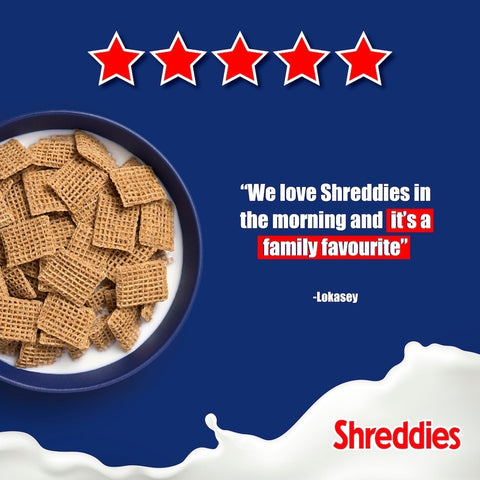 Guiltfree Nestle Shreddies pełnoziarniste płatki śniadaniowe w kształcie kratek w misce z mlekiem i oceną 5 gwiazdek