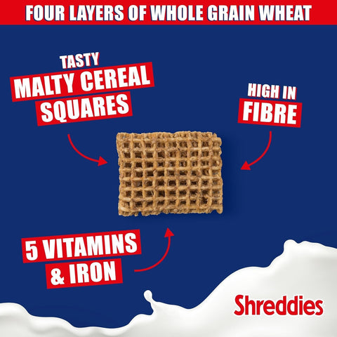 Płatki śniadaniowe Nestle Shreddies Original w kształcie kwadratów na niebieskim tle z informacjami o składzie