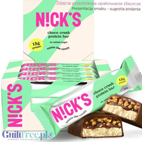 Opakowanie zbiorcze batonów proteinowych Guiltfree N!ck's Choco Crush z mleczną czekoladą, kremem i chrupkami bez cukru.
