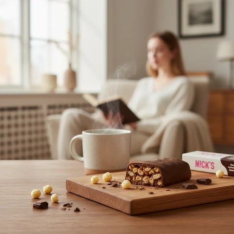 Guiltfree baton N!ck's Choco Crush w mlecznej czekoladzie z chrupkami na desce przy kubku kawy w przytulnym wnętrzu