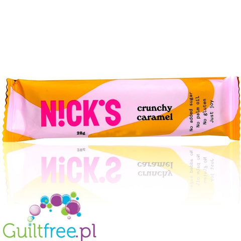 Batonik Guiltfree N!CK'S Crunchy Caramel w pomarańczowo-różowym opakowaniu bez cukru z migdałami