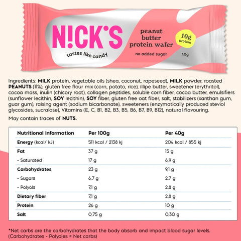 Guiltfree N!CK'S Protein Wafer Peanut Butter w różowym opakowaniu z informacją o 10g białka i braku dodatku cukru
