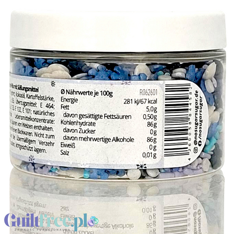 Guiltfree NO SUGAR SUGAR Streuselmix Frozen Magic w przezroczystym słoiczku z etykietą zawierającą wartości odżywcze
