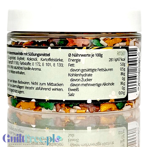 Etykieta Guiltfree NO SUGAR SUGAR Streuselmix Merry Gold z informacjami o wartościach odżywczych i składzie