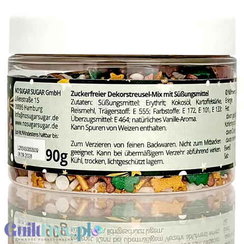 Guiltfree NO SUGAR SUGAR Streuselmix Merry Gold w przezroczystym słoiczku z kolorową posypką bez cukru