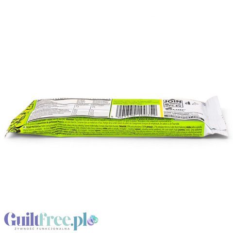 Baton proteinowy Guiltfree Olimp Dubai Style z pistacjami i kataifi w opakowaniu, widok z boku na skład produktu.