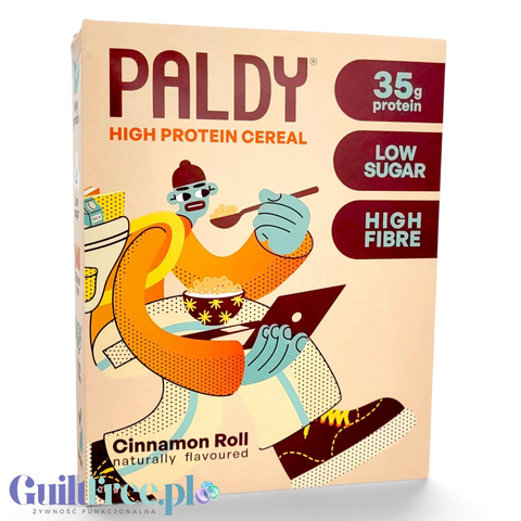 Opakowanie Guiltfree Paldy Cinnamon Roll, proteinowych płatków śniadaniowych o smaku cynamonowej bułeczki z grafiką