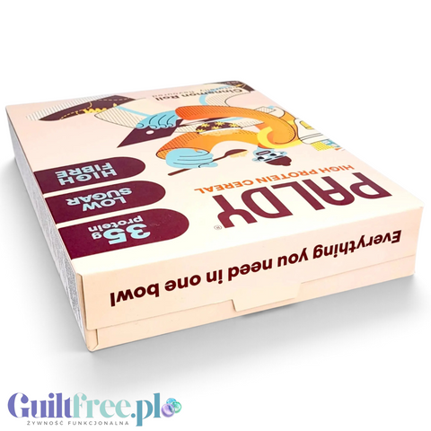 Opakowanie Guiltfree Paldy Cinnamon Roll, wegańskie płatki proteinowe o smaku cynamonowej bułeczki, widok z boku.