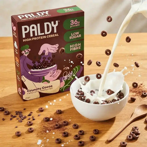 Guiltfree Paldy Crunchy Cocoa, wegańskie płatki proteinowe w kształcie kółeczek wpadające do miski z mlekiem.