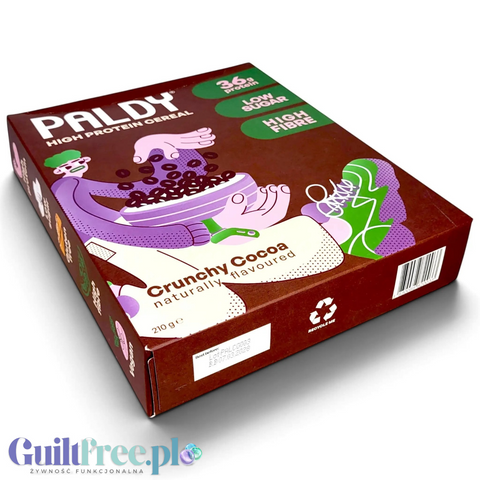 Opakowanie Guiltfree Paldy Crunchy Cocoa, wegańskie czekoladowe płatki proteinowe z grafiką postaci na brązowym tle.