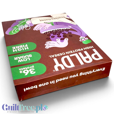 Opakowanie Guiltfree Paldy Crunchy Cocoa, wegańskie płatki śniadaniowe z wysoką zawartością białka i niskim cukrem.
