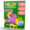 Opakowanie Guiltfree Paldy Fruity Rainbow, kolorowych proteinowych płatków śniadaniowych z grafiką osoby na wrotkach.