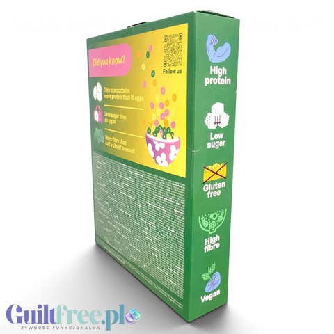 Pudełko wegańskich płatków śniadaniowych Paldy Fruity Rainbow z oferty Guiltfree, widok z boku na zielone opakowanie.