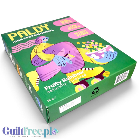 Opakowanie wegańskich płatków proteinowych Paldy Fruity Rainbow od Guiltfree z kolorową grafiką na zielonym tle