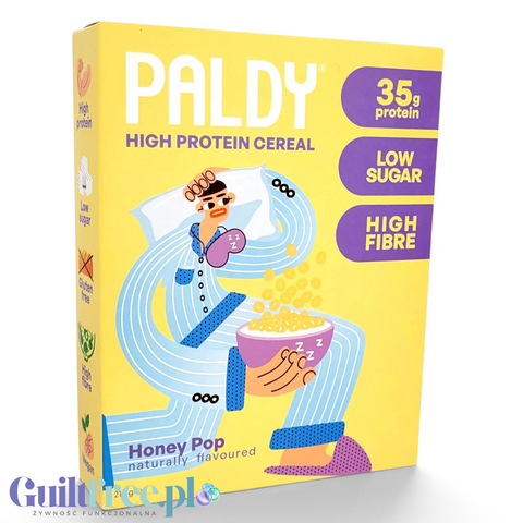 Opakowanie Guiltfree Paldy Honey Pop, wegańskie płatki śniadaniowe o smaku miodowym z wysoką zawartością białka.