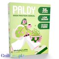 Opakowanie Guiltfree Paldy Matcha Latte, proteinowe płatki śniadaniowe w zielonym pudełku z ilustracją postaci.