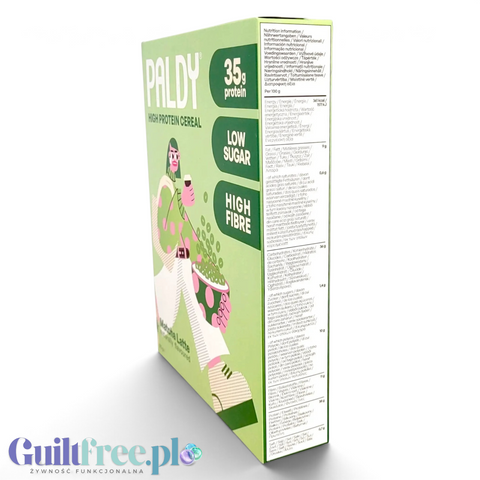 Opakowanie Guiltfree Paldy Matcha Latte, proteinowe płatki śniadaniowe o zielonym kolorze z informacją o wartościach