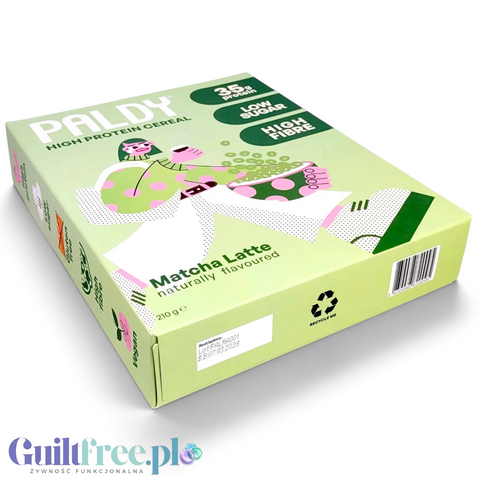 Opakowanie Guiltfree Paldy Matcha Latte, proteinowych płatków śniadaniowych w zielonym pudełku z grafiką.