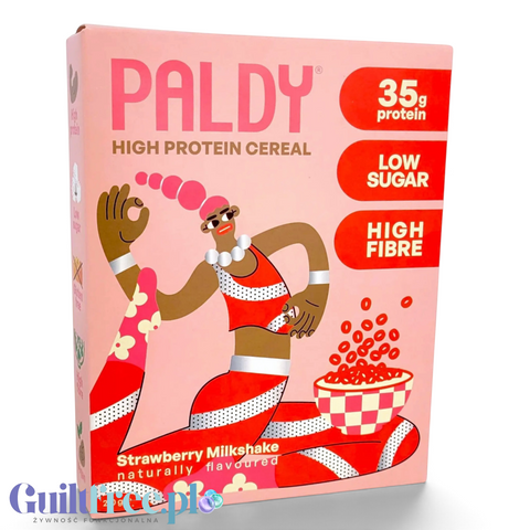Opakowanie Guiltfree Paldy Strawberry Milkshake, różowe proteinowe płatki śniadaniowe w formie chrupiących kółeczek.