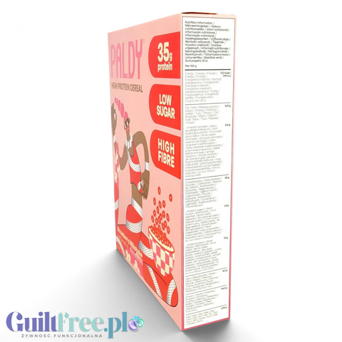 Opakowanie Guiltfree Paldy Strawberry Milkshake, różowe proteinowe płatki śniadaniowe z tabelą wartości odżywczych