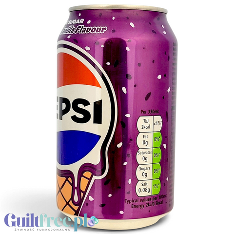 Puszka napoju Guiltfree Pepsi Cherry & Vanilla Ice Cream Zero Sugar o fioletowym designie z motywem lodów