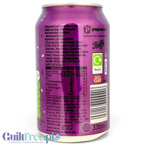 Puszka napoju Guiltfree Pepsi Cherry & Vanilla Zero Sugar z widoczną tabelą wartości odżywczych i składem na etykiecie