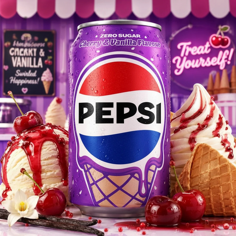 Zestaw 12 puszek napoju Guiltfree Pepsi Cherry & Vanilla Zero Sugar o smaku wiśniowo-waniliowym z motywem lodów