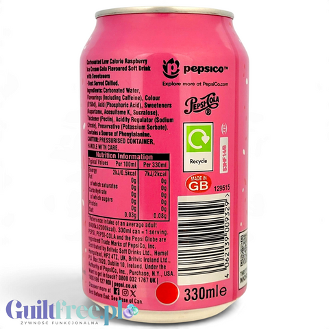 Tył puszki napoju Guiltfree Pepsi Raspberry Ripple Zero Sugar z informacjami o wartościach odżywczych i składzie