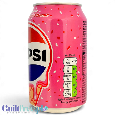 Puszka napoju gazowanego Guiltfree Pepsi Raspberry Ripple Zero Sugar o różowym kolorze z motywem lodów w wafelku