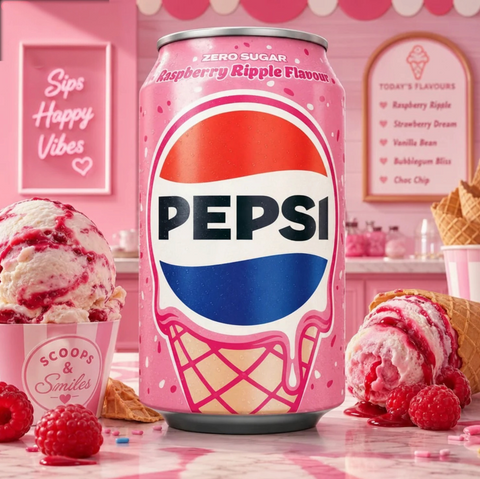 Puszka Guiltfree Pepsi Raspberry Ripple Zero Sugar w różowym opakowaniu z motywem lodów malinowych na tle lodziarni.