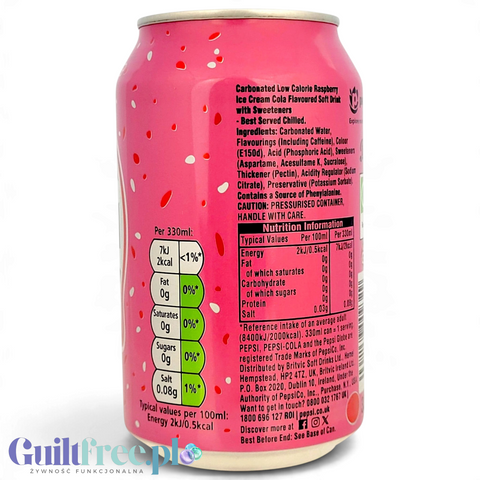 Guiltfree Pepsi Raspberry Ripple Zero Sugar w puszce 330ml z widoczną tabelą wartości odżywczych i składem