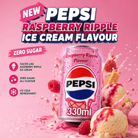Guiltfree Pepsi Raspberry Ripple Zero Sugar w puszce 330ml z grafiką lodów waniliowych z sosem malinowym
