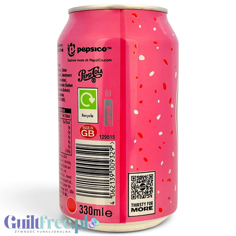 Guiltfree Pepsi Raspberry Ripple Zero Sugar w różowej puszce 330ml z informacjami o składzie i kodem kreskowym