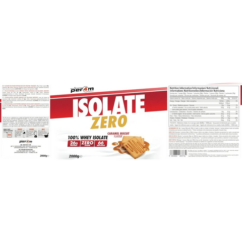 Opakowanie Guiltfree Per4m Isolate Zero Caramel Biscuit 2kg z informacjami o wartościach odżywczych i zdjęciem ciastka