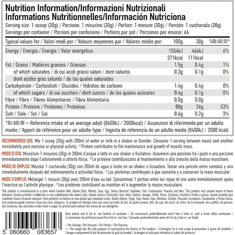 Tabela wartości odżywczych Guiltfree Per4m Isolate Zero Carrot Cake z informacjami o składzie i dawkowaniu