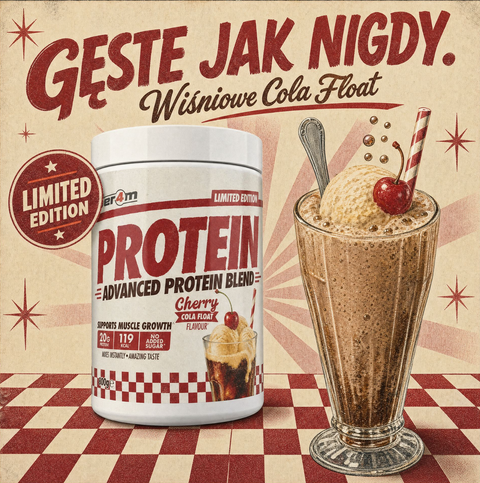 Opakowanie odżywki białkowej Guiltfree Per4m Cherry Cola Float obok ilustracji deseru z lodami w stylu retro.