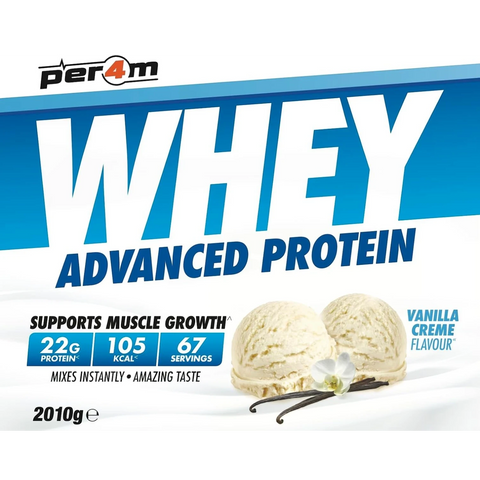 Guiltfree Per4M Whey Advanced Protein o smaku kremu waniliowego w opakowaniu 2010g z grafiką lodów waniliowych