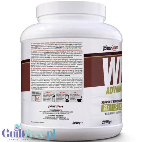Duże opakowanie odżywki białkowej Per4M Whey Advanced o smaku Dubai Chocolate marki Guiltfree, widok na etykietę.