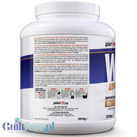 Opakowanie odżywki białkowej Per4m Whey Advanced Protein Blueberry Muffin 2010g od Guiltfree z etykietą informacyjną