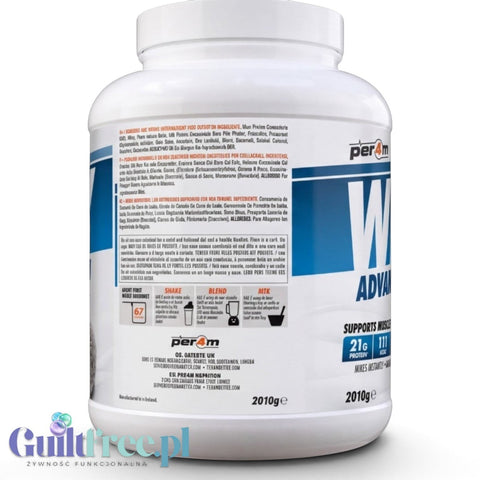 Guiltfree odżywka białkowa Per4M Whey Advanced Protein o smaku ciasteczkowym w dużym białym opakowaniu 2010g